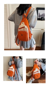 Détail du sac bandoulière orange et beige avec poches zippées et sangles réglables