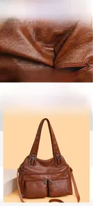 Détail de la texture en cuir PU marron et doubles poches zippées sur le sac vintage
