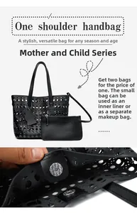Detail of black hollow out bucket bag set featuring magnetic buckle and inner pouch