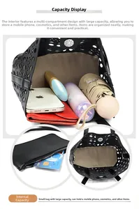 Hollow-out tote bag interior showing large capacity with organized daily essentials