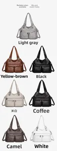 Détail montrant les sept coloris disponibles du sac à bandoulière en cuir avec doubles poches
