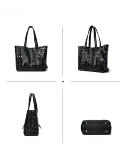 Multi-angle view of black hollow-out tote bag showing sides and bottom with metal studs