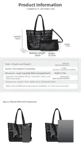 Detail view of black hollow-out tote bag dimensions and structure with inner pouch