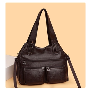 Vue détaillée du sac cabas marron foncé en similicuir grainé avec poches zippées