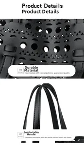 Detail of laser-cut geometric hollow pattern and reinforced stitching on black leather tote