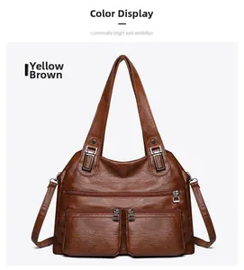 Vue détaillée du sac cabas marron jaune avec poches zippées et cuir PU à texture grainée