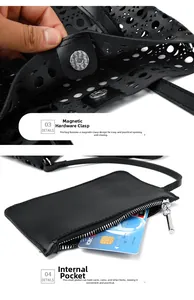 Detail of laser-cut black tote bag with magnetic clasp and inner zipper pouch