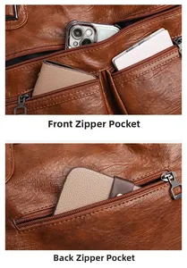 Détail du sac vintage en cuir marron montrant les poches zippées avant et arrière