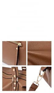 Dettaglio borsa marrone in pelle martellata con hardware dorato e rivetti robusti