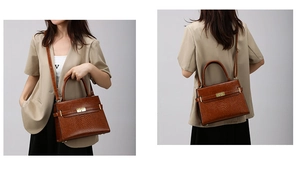 Detail of vintage brown animal pattern handbag with gold twist lock and top handle strap