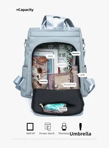 Detailansicht des blauen Lederrucksacks mit großem Fassungsvermögen und Innenfächern