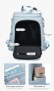 Detailansicht des blauen Lederrucksacks mit Fokus auf die Innenfächer und das große Volumen