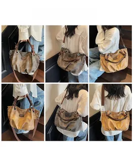 Multiple views showing large capacity retro tote bag as handbag, shoulder, and crossbody bag
