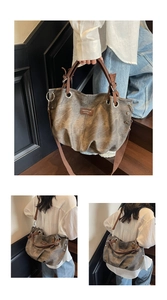 Close-up of retro tote bag showing premium PU leather straps and vintage canvas texture