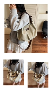 Detail of canvas tote bag with brown leather handles and brand logo patch in olive green