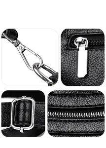 Detail of premium black lychee leather texture and durable silver hardware on women bag