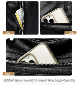 Detail showing multi-layer zipper compartments on black lychee grain faux leather handbag