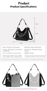Size comparison and specifications chart for the large black quilted leather tote bag