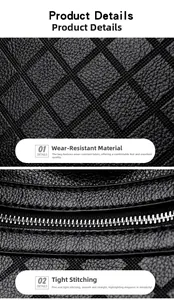 Close-up of durable textured leather with precise stitching details on black bag