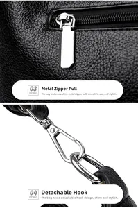 Macro detail of high-quality black lychee leather bag with silver zippers and metal hooks
