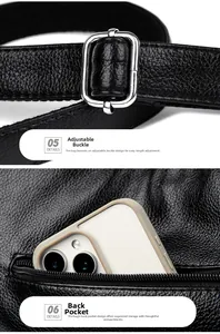 Detail showing adjustable strap with silver buckle and back zipper pocket for phone