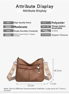 Brown vintage crossbody bag with embroidery strap showing dimensions and material details