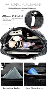Detalle de bolso negro en piel granulada con múltiples compartimentos y bolsillos con cremallera