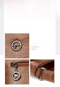 Détail de cuir grainé marron avec quincaillerie en métal argenté et logo kangourou