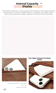 Détail du sac bandoulière en cuir marron texturé avec plusieurs poches zippées