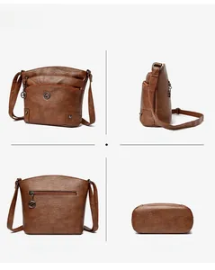 Vues détaillées du sac bandoulière en similicuir marron avec fermetures éclair