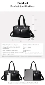 Comparación de tamaño de bolso de mano negro con dimensiones y detalles de capacidad