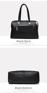 Detalle de bolso negro en cuero granulado con cremallera trasera y base plana estable