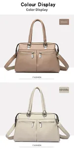 Detalle de bolsos de mano en cuero granulado color caqui y blanco crema con cremallera