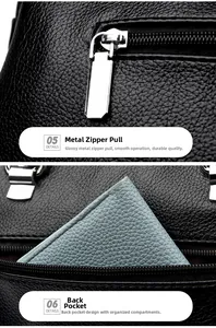 Detalle de bolso de cuero granulado negro con cremallera plateada y bolsillo trasero