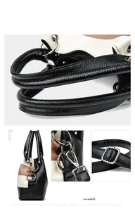 Detail view of tri-color faux leather bag with metal handles and detachable strap
