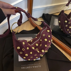 Sac Hobo En Daim Pour Femmes Sac À Bandoulière Croissant Avec Rivets Et Oeillets En Métal Doré Style Punk Rétro