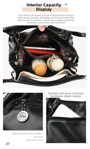 Detail view of large capacity black leather tote with multiple compartments and hardware