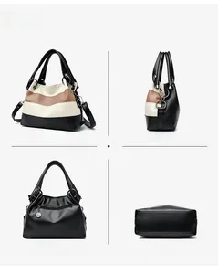 Detail views of colorblock tote bag showing lychee grain texture and silver hardware