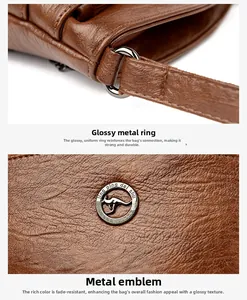 Détail des anneaux métalliques et du logo kangourou sur un sac en cuir marron texturé