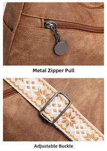 Detail of gunmetal round zipper pull and adjustable geometric ethnic pattern shoulder strap