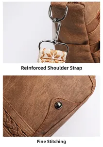 Detail of silver metal hook reinforcement and fine stitching on brown canvas bag