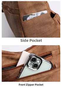 Detail view of brown vintage soft leather bag side pocket and front zipper compartment