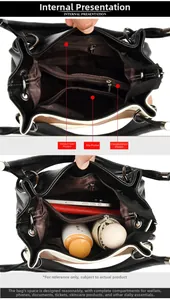 Interior layout showing main compartment and zipper pockets of black leather tote bag