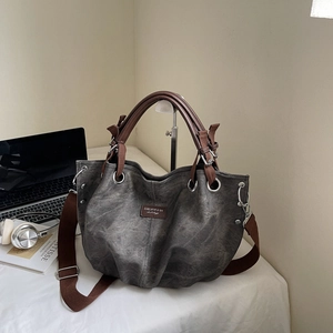 Borsa tote vintage in tela grigio scuro con manici in pelle marrone e tracolla regolabile