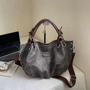 Grande borsa tote retrò grigia con trama lavata, manici marroni e tracolla larga in stile