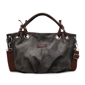 Borsa tote vintage in tela grigia con manici in pelle marrone e tracolla regolabile