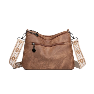 Vintage brown soft PU leather crossbody bag with ethnic embroidered wide strap