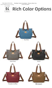 Collage of multi-pocket canvas tote bags in five colors with adjustable shoulder straps