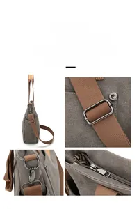 Detailed views of dark grey canvas tote hardware and durable metal strap adjustments