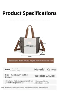 Detailed dimensions of gray canvas tote bag showing A4 size capacity and multi-pockets
